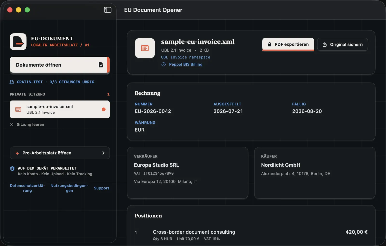 Echter Mac-App-Bildschirm · fiktive UBL-Beispielrechnung. PDF-Export erfordert Pro.