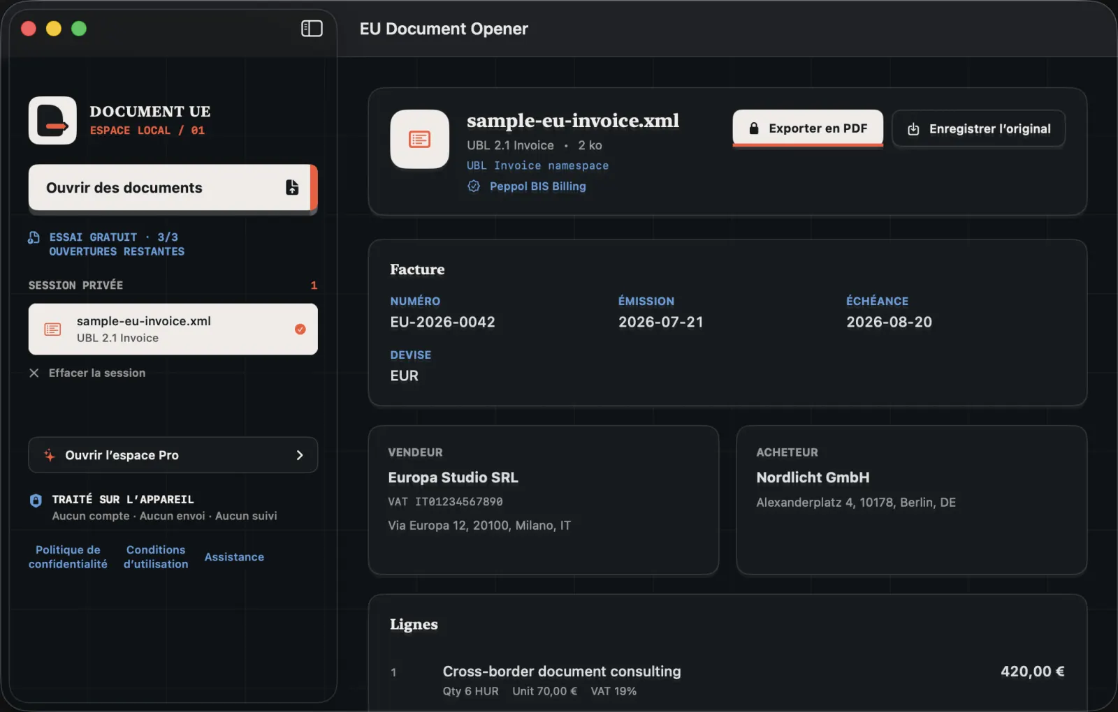 Capture réelle de l’app Mac · exemple de facture UBL fictive. Export PDF avec Pro.