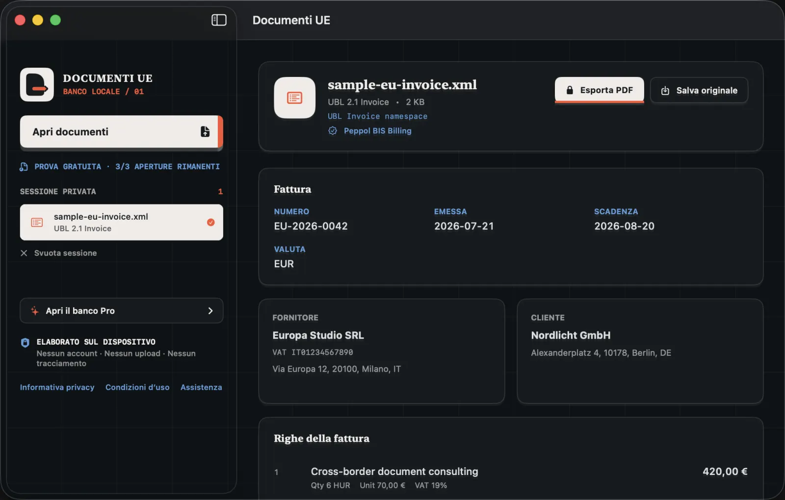 Schermata reale dell’app Mac · fattura UBL di esempio, con dati fittizi. Esportazione PDF con Pro.